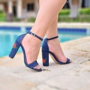 Women's‎ Denim Ankle Strap Chunky Heel Sandals